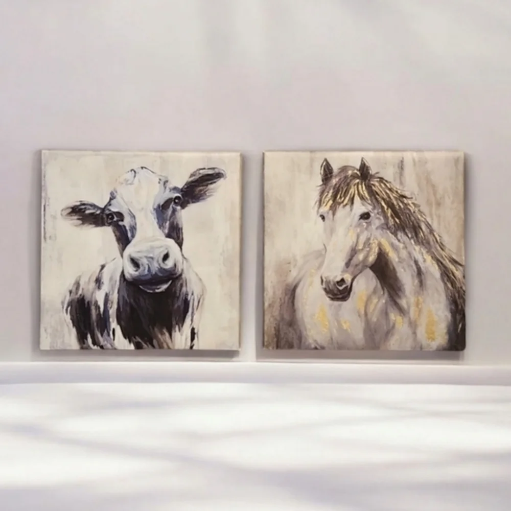 Farm House Home Decor Horse and‎ Cow Animal Wall Art Canvas  8×8